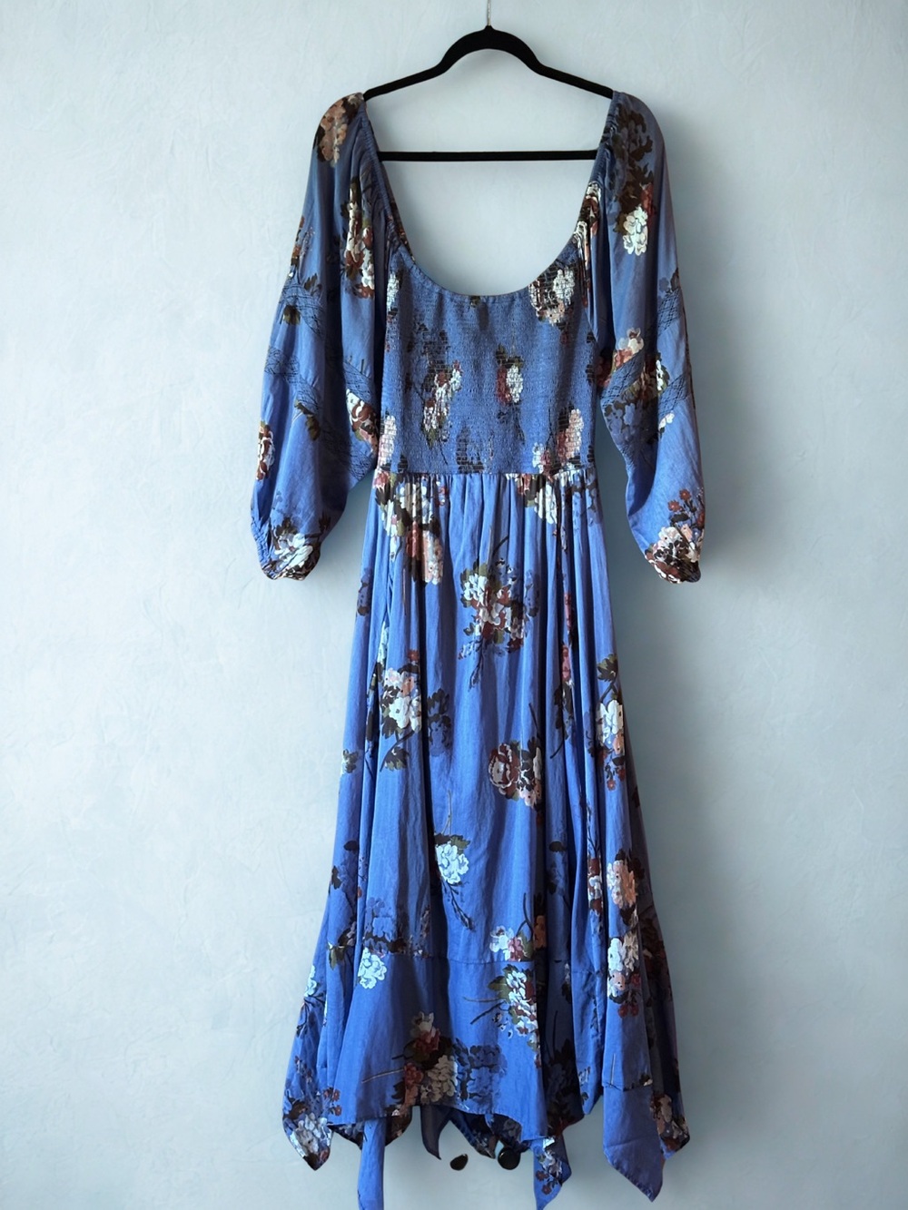 Free People Morning Glory Maxi Dress Dutch Blue Combo Floral Smocked S NWT